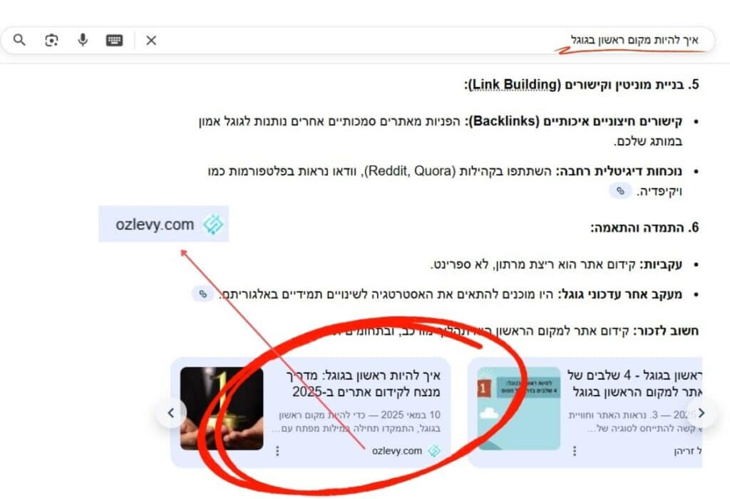הוכחת סמכות: המדריך שאתם קוראים והאתר ozlevy.com מופיעים בסקירת ה-AI של גוגל