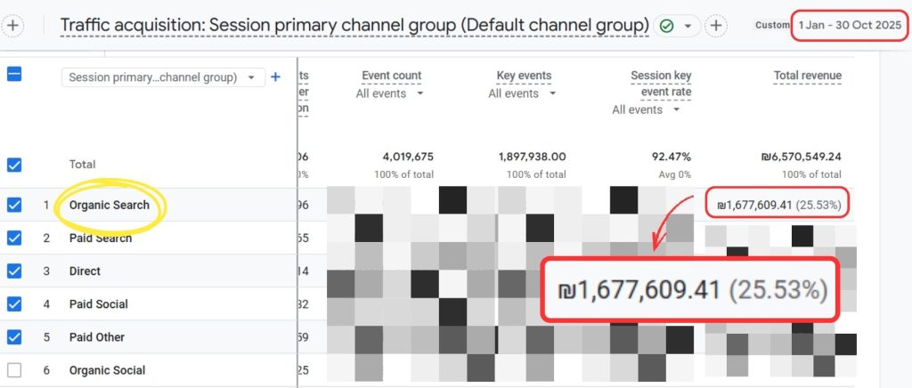 הכנסות מתנועה אורגנית באתר איקומרס לאורך 10 חודשים